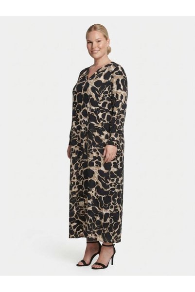 Sedef Moda Evi Anne Black Beige Marble Patterned V-Neck Buttoned Long Sleeve Viscose Maxi Dress Hijab Plus Size