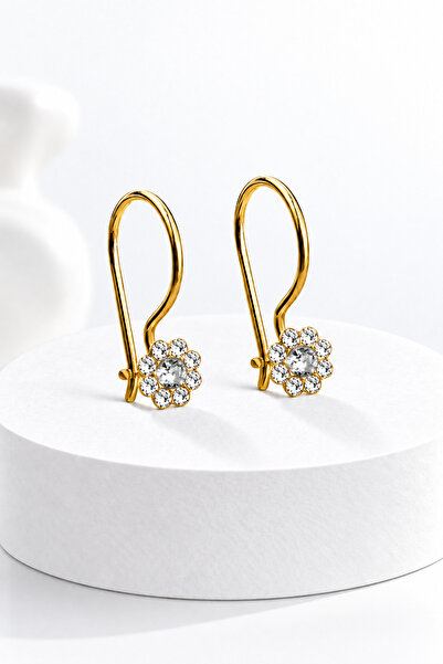 jelux silver Gümüş 925 Ayar Papatya Model Zirkon Taşlı Çocuk Gold Küpe