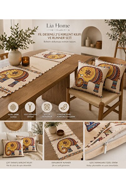 Lia Store 2'li 43x43 cm Kırlent Kılıfı ve 35x135 cm Runner Seti Fil Desenli Ç...