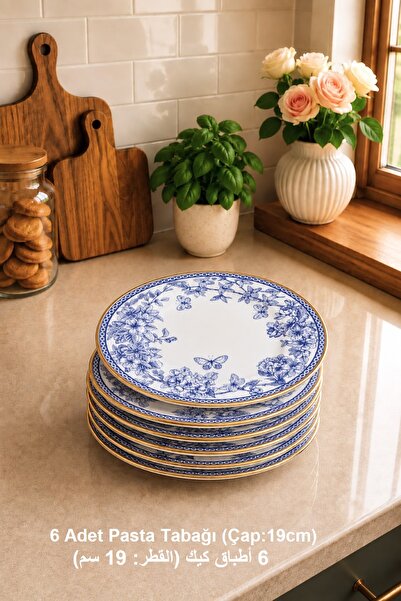 Pinkev Blue Gold Color 6 Pieces 19cm Ceramic Cake Dessert Plate