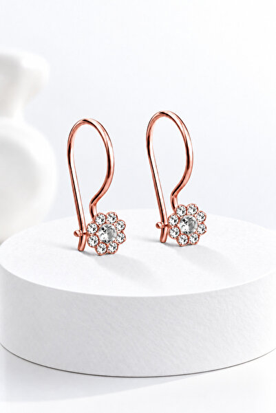 jelux silver Gümüş 925 Ayar Papatya Model Zirkon Taşlı Çocuk Rose Küpe