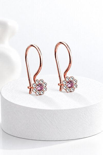 jelux silver Gümüş 925 Ayar Papatya Model Zirkon Pembe Taşlı Çocuk Rose Küpe