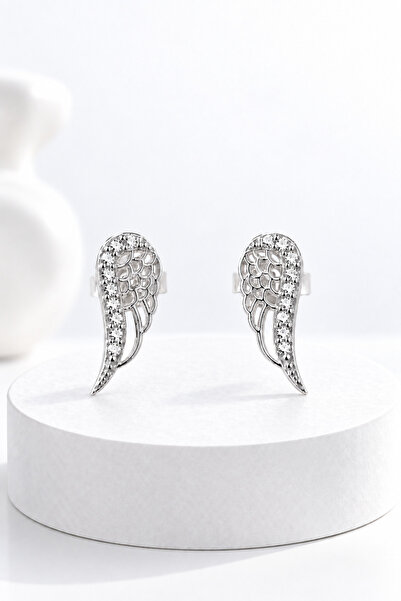 jelux silver Gümüş 925 Ayar Zirkon Taşlı Melek Kanadı Çivili Küpe