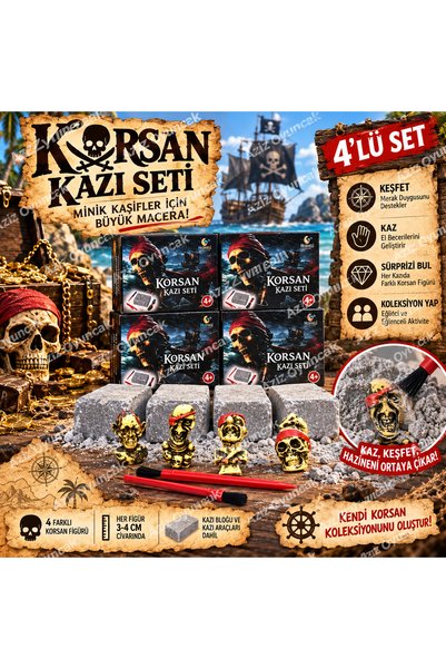 AZİZ OYUNCAK 🏴‍☠️ 4’lü Korsan Kazı Seti Arkeolojik Kazı Oyunu Karayip Korsanları Temalı Korsan Figürleri Keşif Macera Oyuncağı