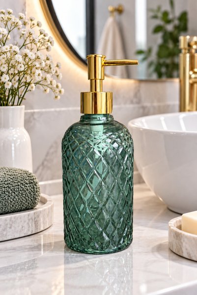 ANGDESİGN Alaçatı Single Glass Liquid Soap Dispenser Green | |   Modern Luxury Bathroom Accessory Decorative Liquid Soap Dispenser Soap Dispenser Countertop Sink for Bathroom & Kitchen | |   Gold Pompali | |   Dishwashing Detergent Hand Soap