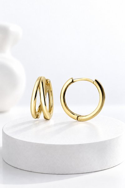 jelux silver Gümüş 925 Ayar 15 Mm Çift Halka Gold Küpe