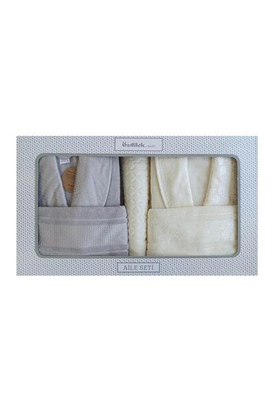 Özdilek Blossom Bathrobe Set Family Set Gray Cream - 5 Pieces