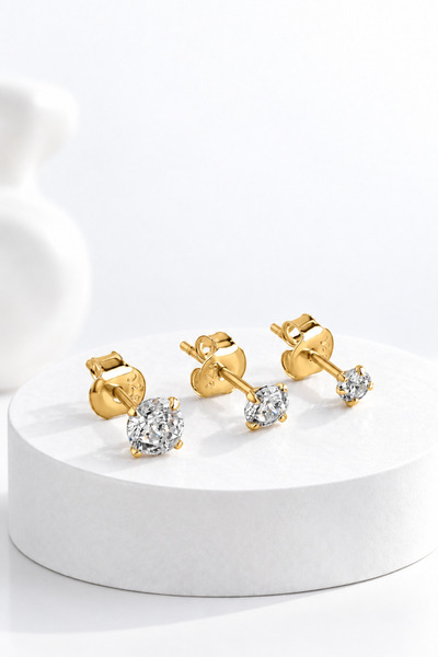 jelux silver Gümüş Tria 3mm 4 mm 5 mm Zirkon Taşlı Gold Küpe