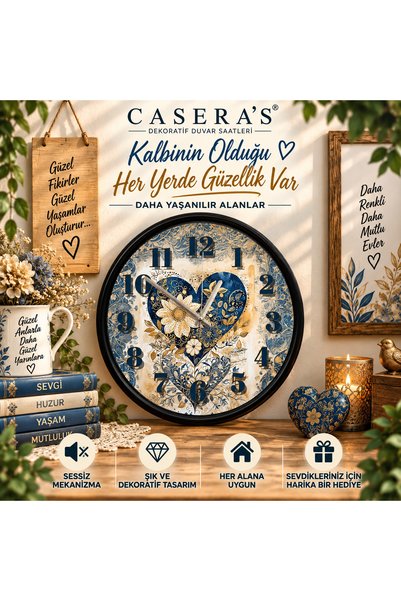 Caseras Mavi Kalp ve Çiçek Desenli Duvar Saati 28 Cm – Sessiz Mekanizma Dekor...