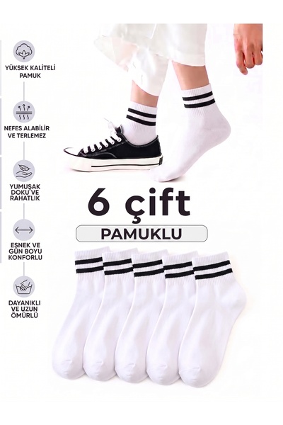 Cousen 6 Çift Beyaz Pamuklu ÇORAP Tenis/Kolej GÜNLÜK SPOR UNİSEX TER EMİCİ