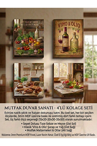OAKY Life 4'lü Tablo Seti - Mutfak Temalı 4'lü kombin - 15x20 cm - 3mm Mdf Üz...