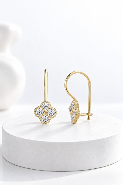 jelux silver Gümüş 925 Ayar Yonca Zirkon Taşlı Gold  Küpe
