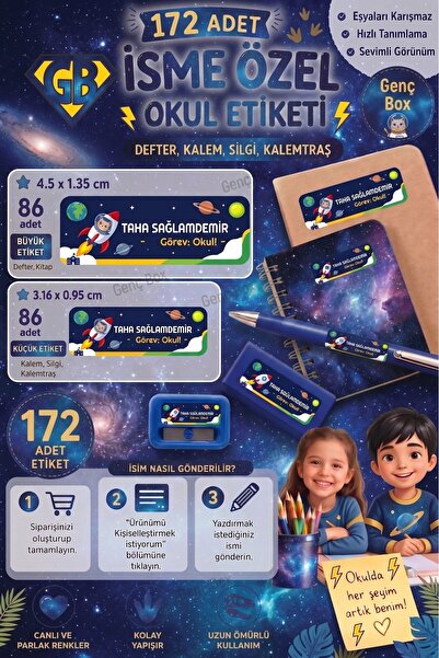 Genç Box Uzay temalı öğrenci özel isimli Etiket- Okul Kalem ve defter Etiketi...