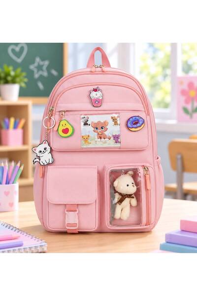 GreandBags 2 ANA BÖLMELİ Kore tarzı Tablet Bölmeli Ayıcık Hediyeli Okul Çantası