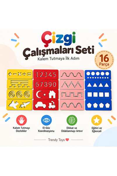 Trendy Toys Educational Wooden Line Works Numbers and Shapes Montessori Hand ...