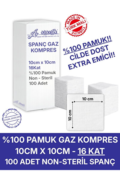 Ağaoğlu Spanç Gazlı Bez 10x10cm 16 Katlı 100 Adet - Yüksek Emici, Yapışmayan,...