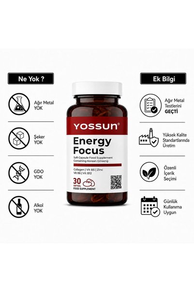 yossun ENERGY FOCUS Kore Ginsengi İçeren Yumuşak Kapsül Takviye Edici Gıda