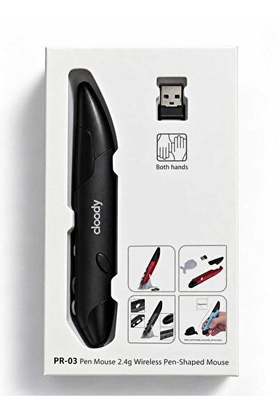 Cloody Siyah Kalem Mouse Ergonomik Kablosuz Kalem Şeklinde Mouse Standlı 2.4GHz Bağlantı Ayarlanabilir DPI
