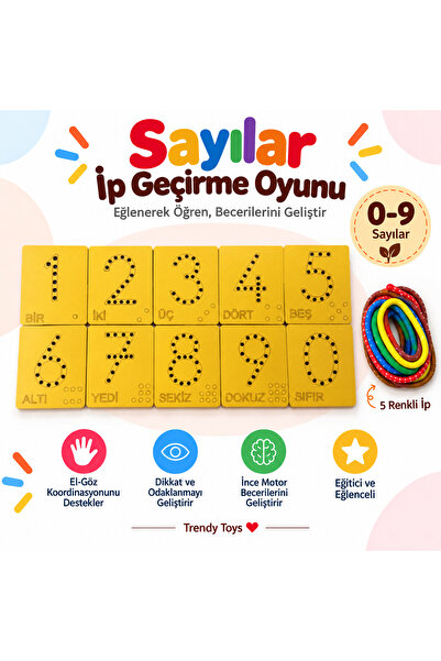 Trendy Toys Eğitici Ahşap Sayılar Ip Geçirme Montessori El Kası Geliştirme