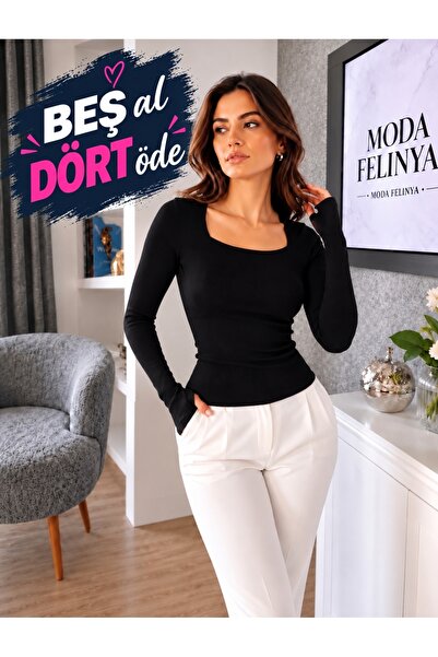 moda felinya KADIN KARE YAKA UZUN KOLLU PARMAK GEÇME DETAYLI SİYAH BUZZY MODA...