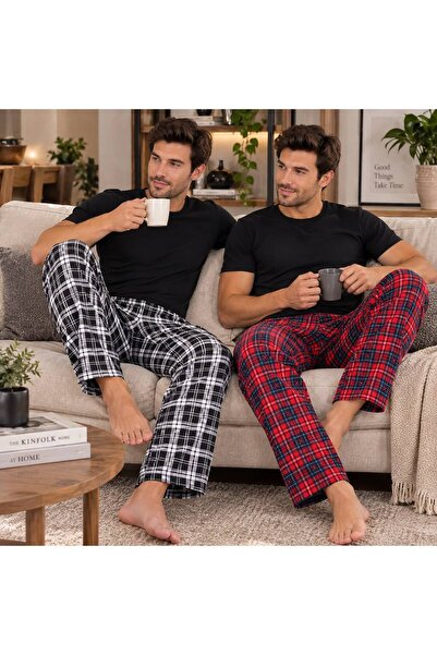 Arvin Pijama Ανδρικά παντελόνια με τσέπες, 2 τεμάχια, βαμβακερά καρό, άνετη ε...
