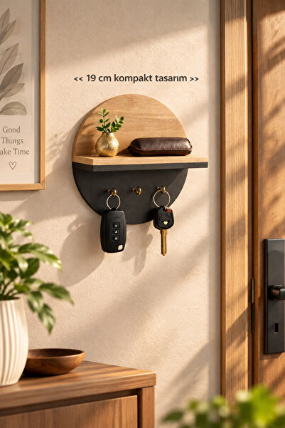 Trend Kitchen Formea Modern Gold Mini Kancalı Ahşap Çift Renk Duvar Rafı, Dek...