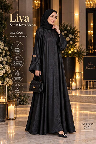 Liva Saten Kraş Siyah Abaya