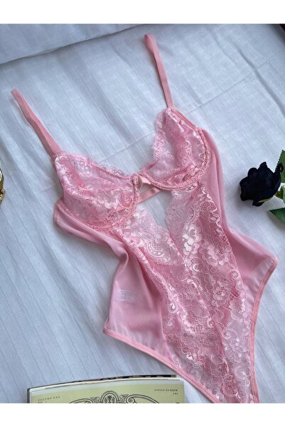 ROZENİN LINGERIE Pembe Dantelli Balenli Kapsız Transparan Çıtçıtlı Bodysuit