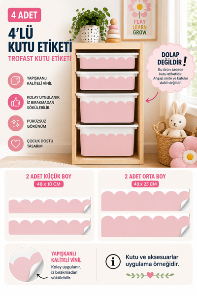 TROFAST Kutu Etiketi-Çocuk Odası Dekorasyon- 4lü Set- Pembe Dalgalı