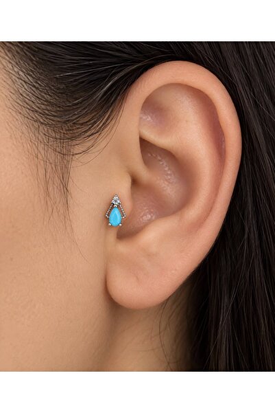 Arescollection Mavi zirkon damla taşlı 1 adet tragus helix lobe uyumlu piercing