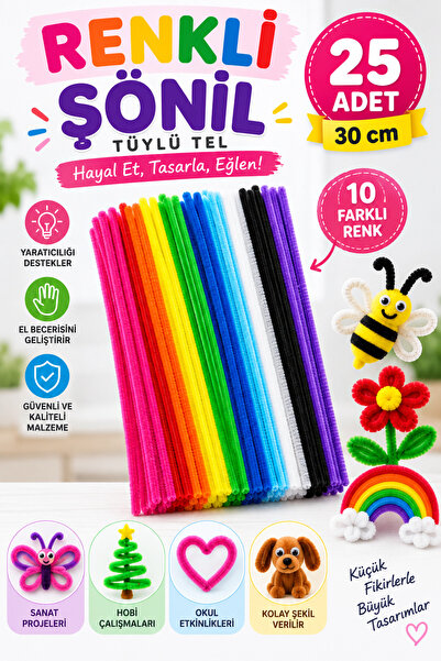 Hobialem 25 Adet, Şönil, Eğitici Şönil Seti, 30 Cm, Tüylü Tel, Renkli