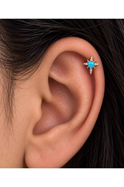 Arescollection Mavi zirkon taşlı kalpli 1 adet tragus helix lobe uyumlu piercing