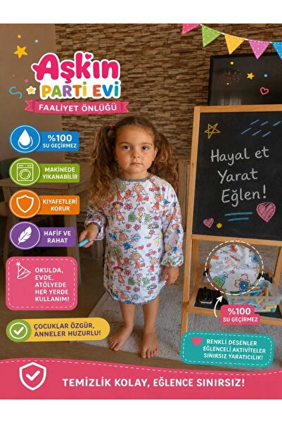 Aşkın Parti Evi 3-6 Yaş Family Sıvı Geçirmez, Makinede Yıkanabilir, Uzun Kollu Çocuk Faaliyet Aktivite Boyama Önlüğü