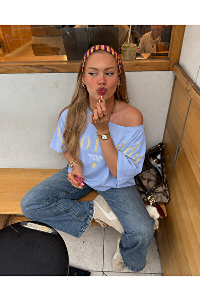 CrepTekstil Crep Kadın Florida Baskılı Kayık Yaka Oversize Crop Tişört %100 P...