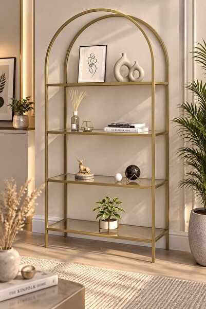 Dekoport 4 Raflı Camlı Kitaplık Temperli Bronz Cam