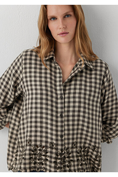 Mavi Nakış Detaylı Kareli Gömlek Loose Fit / Bol Rahat Kesim 1211298-91757