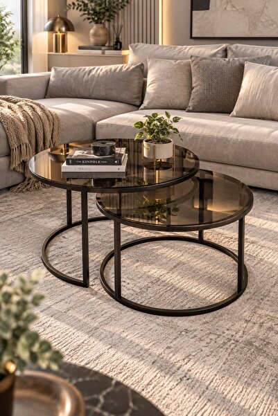 Dekoport Milas Orta Sehpa Füme 60 x 47 cm Siyah Metal - Temperli Füme Cam