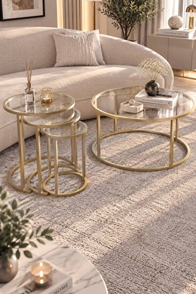 Dekoport Royal 75cm Zigon Ve Orta Sehpa Seti Mat Gold (ESKİTME) Metal - Tempe...