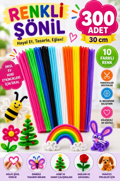 Dünya Magnet Renkli Şönil, 300 Adet 30 cm Tüylü Tel Eğitici Şönil Seti , Pelu...