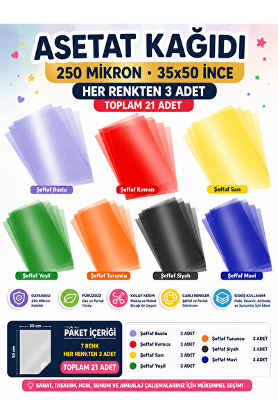 Art Tone Asetat Kağıdı 250 Mikron 35x50 İnce Her Renkten 3 Adet (21 ADET)