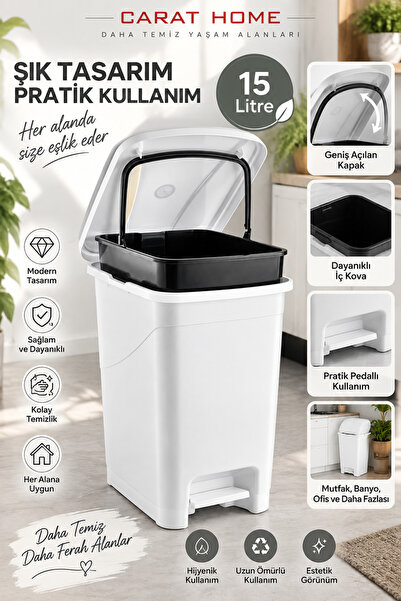 Carat Home İç Kovalı Slim Pedallı Banyo Mutfak Çöp Kovası - 15 Litre - Beyaz