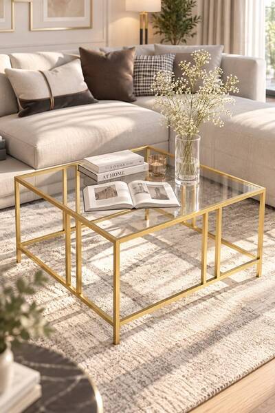 Dekoport Bakü Gold(ESKİTME) Orta Sehpa Şeffaf Cam