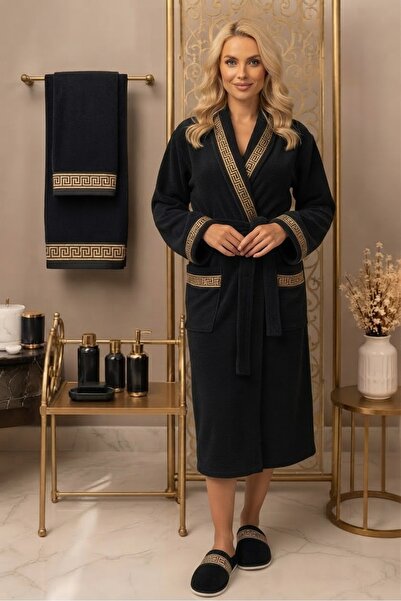 ozlıkaa Premium 100% Cotton Unisex Shawl Pocket Bathrobe Set 4 Piece Towel and Slipper Set