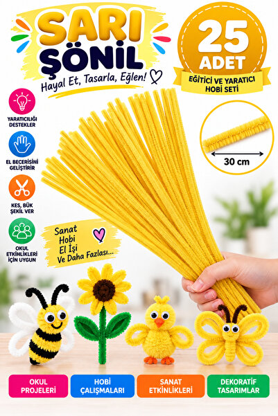 Hobialem 25 Adet - Sarı Renkli Şönil, Eğitici Şönil Seti, Tüylü Tel, 30 cm, P...