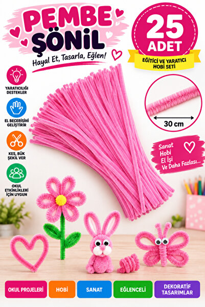 Hobialem 25 Adet - Şönil, Tüylü Tel, Açık Pembe, Eğitici Şönil Seti, 30 Cm, R...