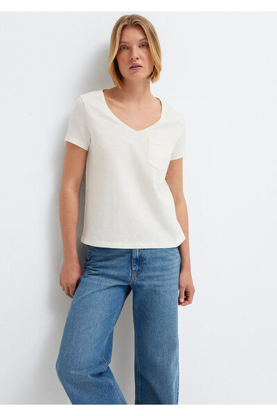 Mavi V-Neck Ecru Basic T-Shirt Slim Fit 1614178-80194
