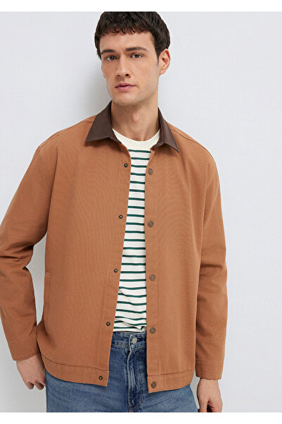 Mavi Yaka Detaylı Kahverengi Gömlek Loose Fit / Bol Rahat Kesim 0211900-91393