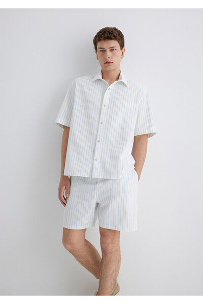 Mavi Çizgili Beyaz Gömlek Oversize / Geniş Kesim 0211485-85440