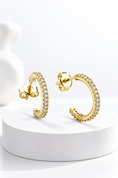 jelux silver Gümüş 925 Ayar 15 Mm Yarım Tur Zirkon Taşlı Gold Küpe