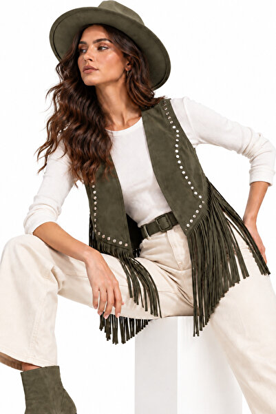 LOKADI Kadın Haki Süet Görünümlü Zımba Detaylı Püsküllü Yelek - Boho Stil Fes...